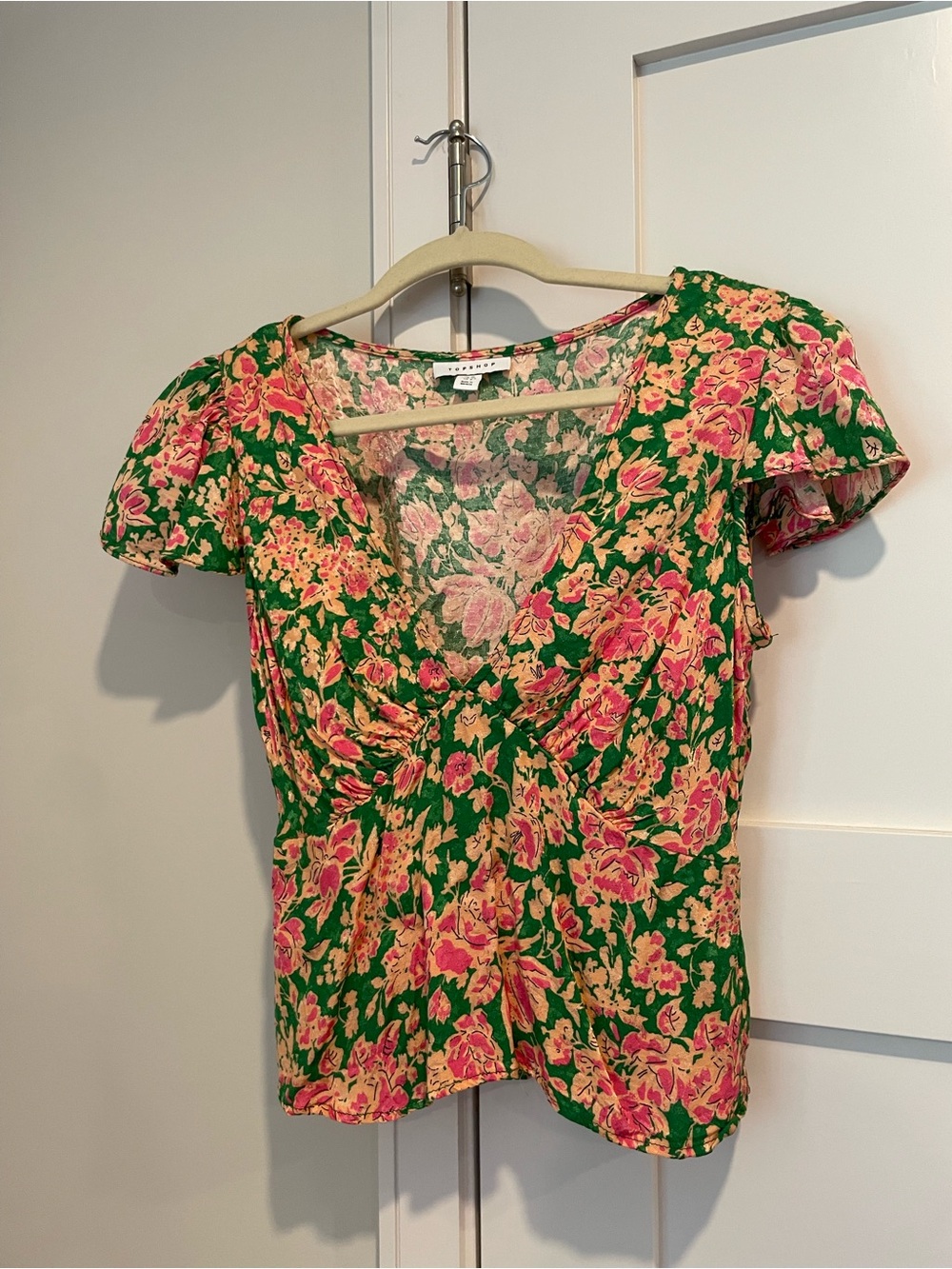 Topshop Pink and Green Floral V-Neck Flutter Sleeve Blouse